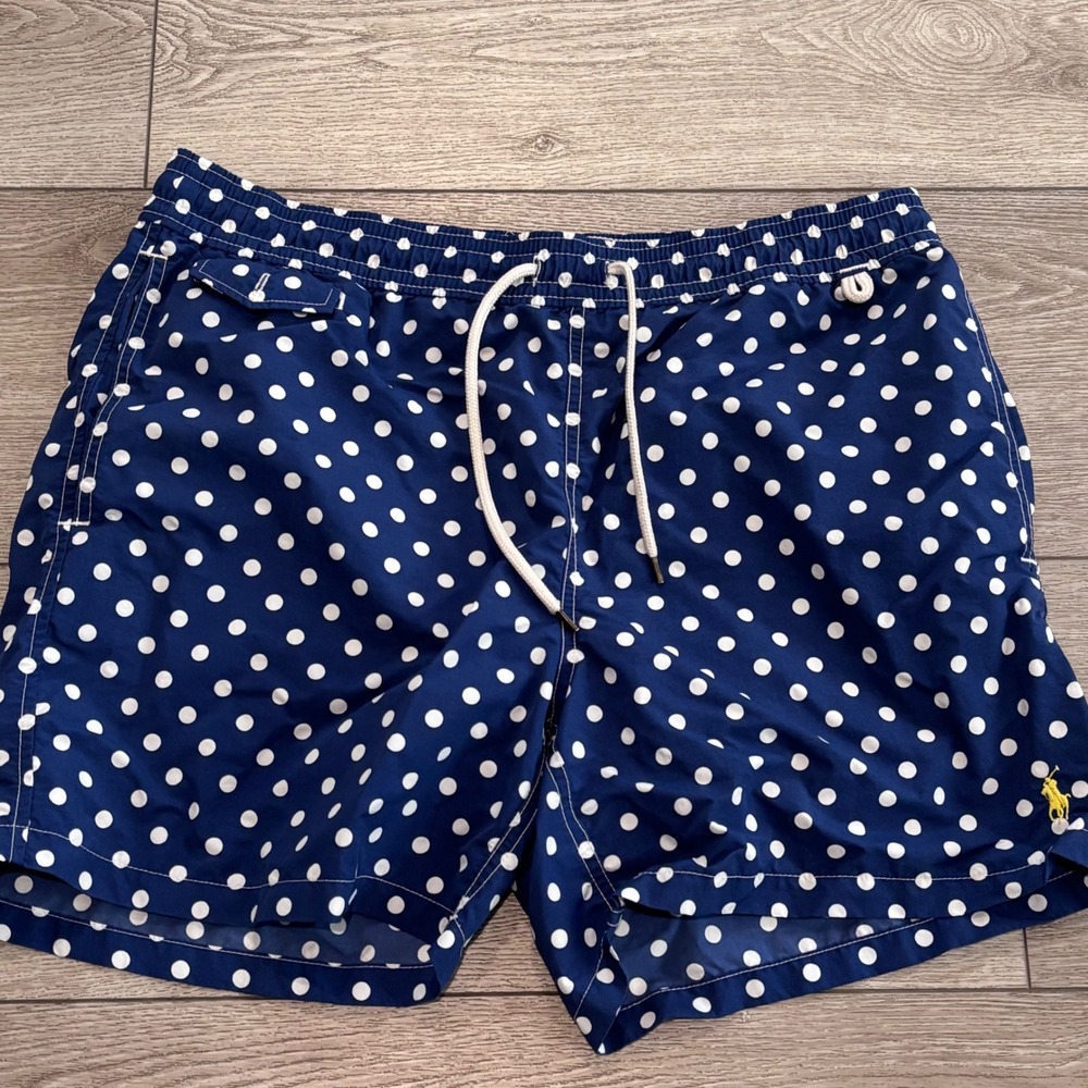 Polo Ralph Lauren Swim Trunks Mens Large Blue Polka Dot Pony Preppy Beach Summer